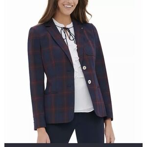 Tommy Hilfiger Women's Navy Burgundy Plaid Blazer, Size 2 with Elbow Patches